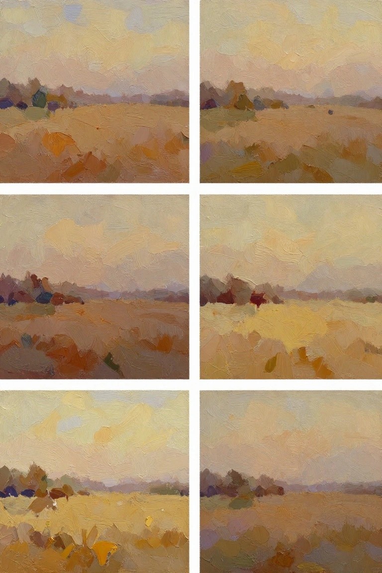 Six thumbnails of oil paintings showing golden fields, distant trees, and hazy skies in blended warm tones.