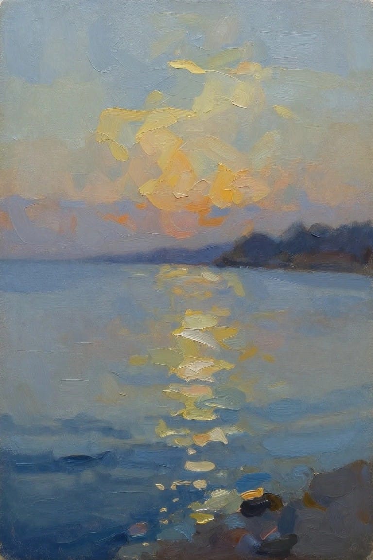 Oil painting of a golden sunset reflecting on calm blue water with dark hills in the background and rocks in the foreground.