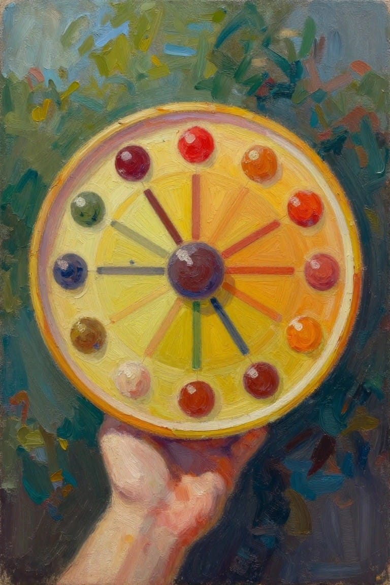 Oil painting of a hand holding a yellow circular artist's palette with colorful paint dabs in a wheel arrangement against green foliage.