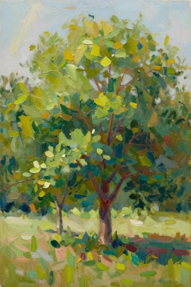 Impressionistic oil painting of a single green tree with yellow-green leaves, reddish trunk, on grass under a pale blue sky.