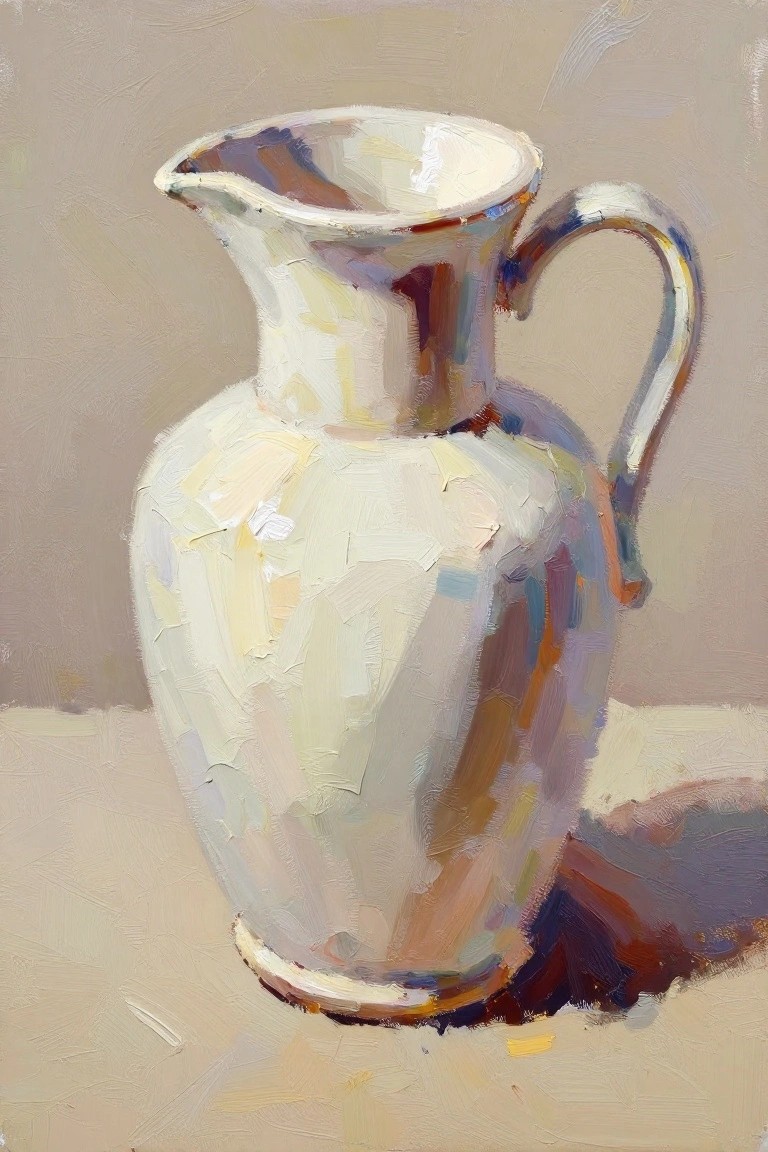 Oil painting of a white ceramic jug with spout and handle on a beige surface, rendered in thick textured brushstrokes with subtle color mixes for highlights and shadows.