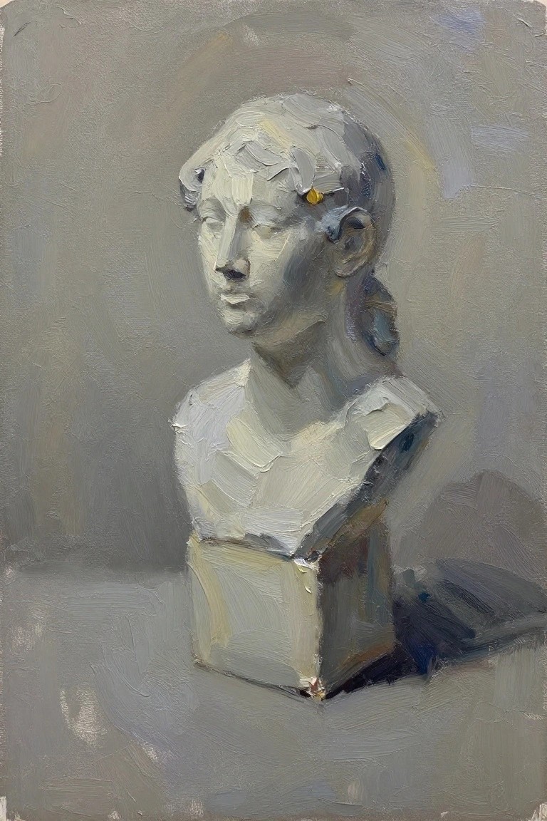 Oil painting of a white plaster bust sculpture of a woman with ponytail on a pedestal, rendered in grayscale tones with impasto brushwork and soft lighting.