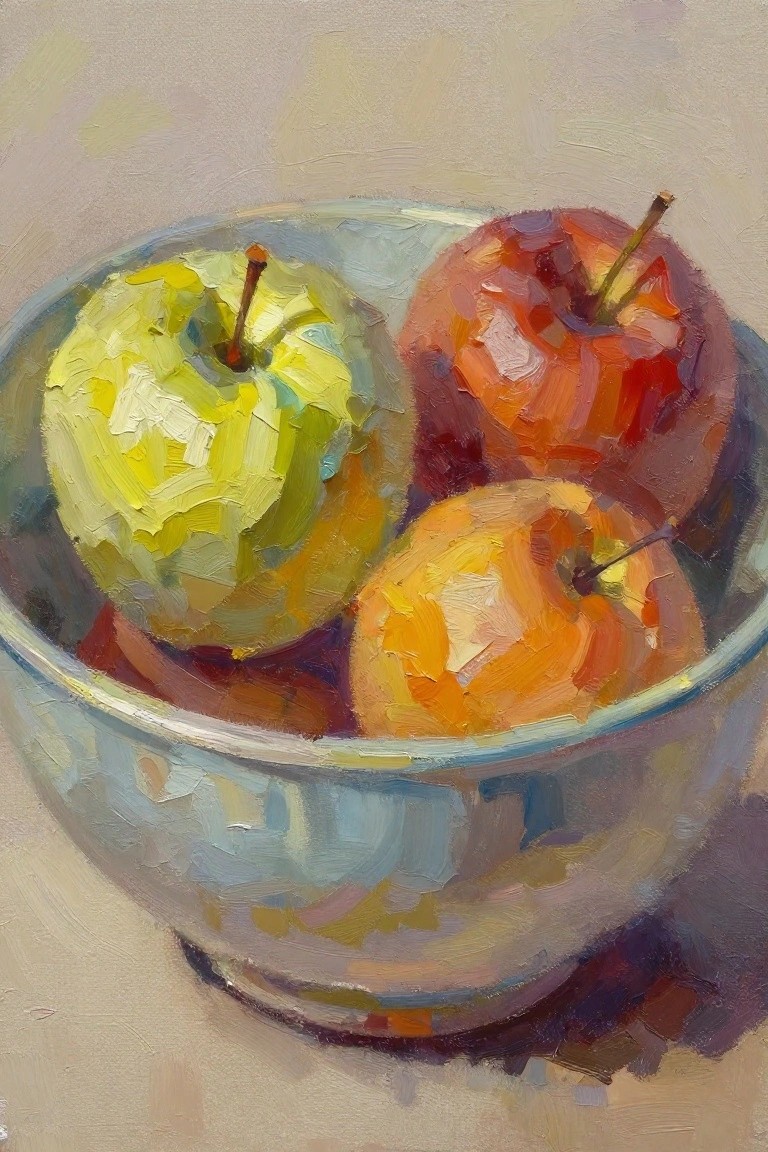 Oil painting of a green apple, red apple, and orange apple in a shiny silver bowl.