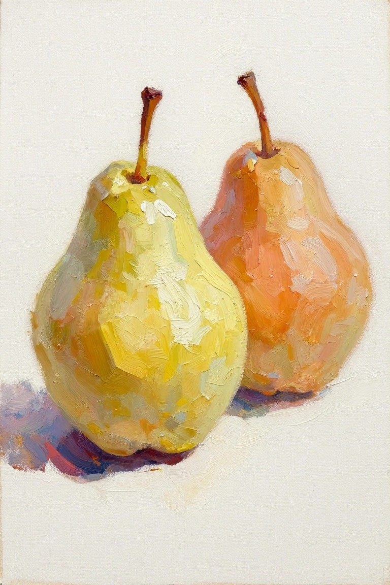 Oil painting of a pale yellow-green pear and an orange pear side by side on a white background with subtle shadows.