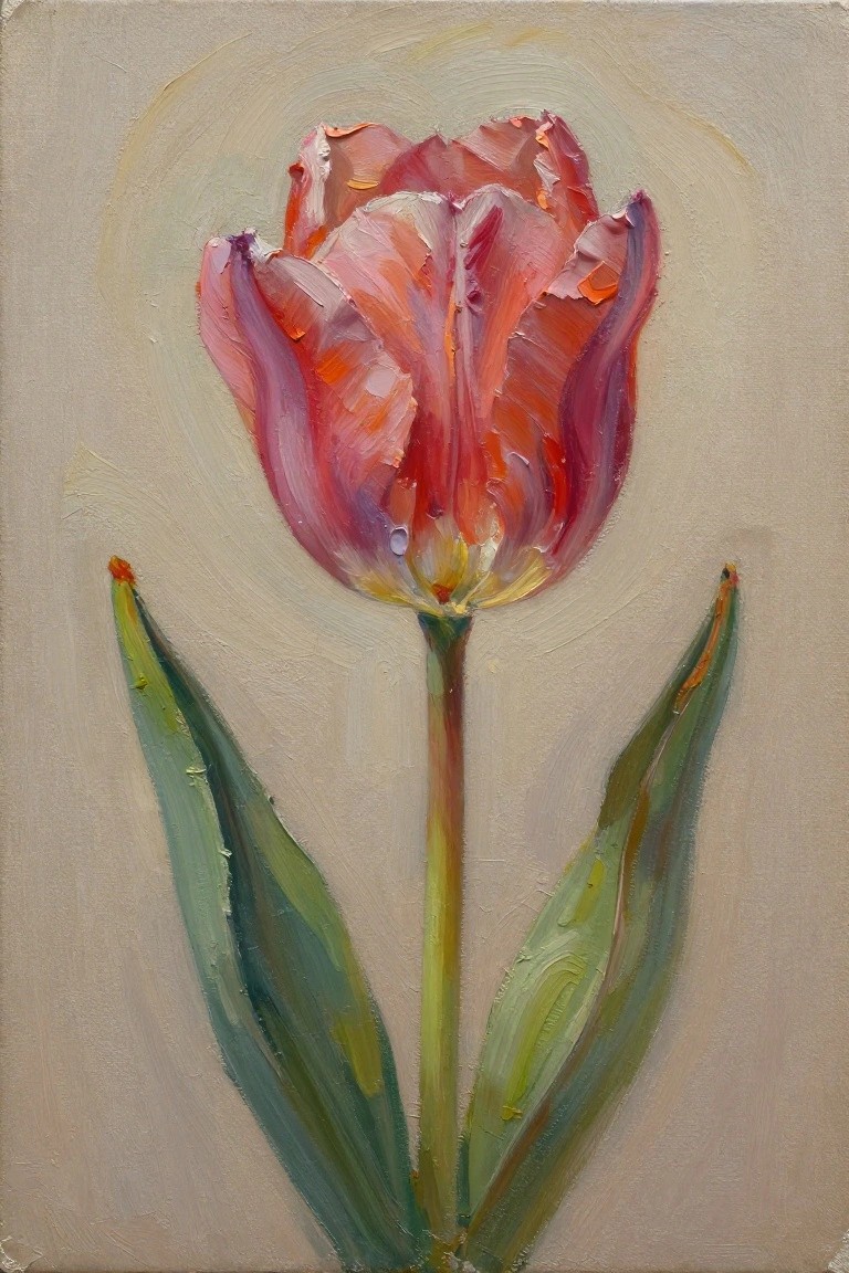 Oil painting of a pinkish-red tulip with textured petals on a green stem and leaves against a light beige background with a subtle halo glow.