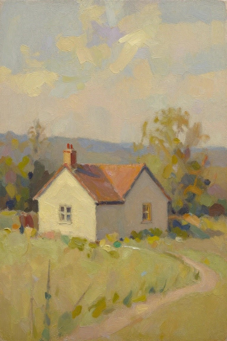 Oil painting of a small white cottage with red roof in a green field edged by yellow trees, a curving path, and cloudy sky.