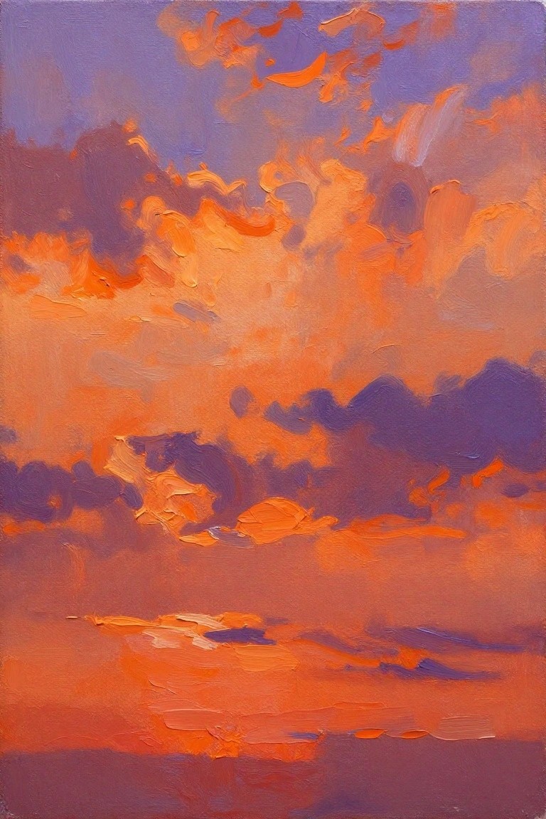 Vertical oil painting of a sunset sky with orange and purple clouds over a low pinkish horizon.