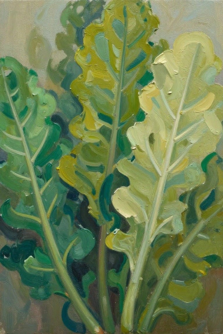 Oil painting of clustered broad green leaves with ruffled edges and thick textured brushstrokes on neutral ground.