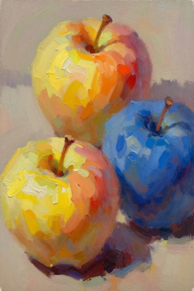 Oil painting of two yellow-orange apples and one blue apple arranged together on a beige background with soft shadows.