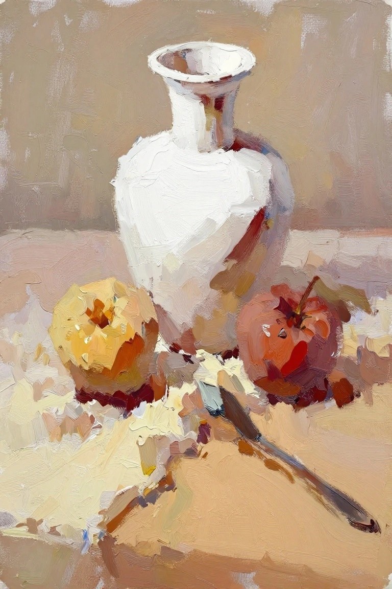 Oil painting still life featuring a white vase centered with a yellow apple, red apple, white cheese wedge, and knife on a cloth-draped table.
