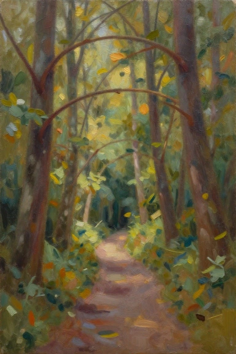 Oil painting of a narrow path winding through a forest under arched tree branches with green and yellow leaves.
