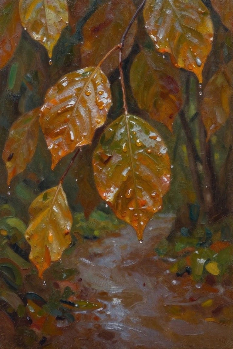 Oil painting of orange and gold autumn leaves with rain droplets hanging over a wet path in a dark forest.