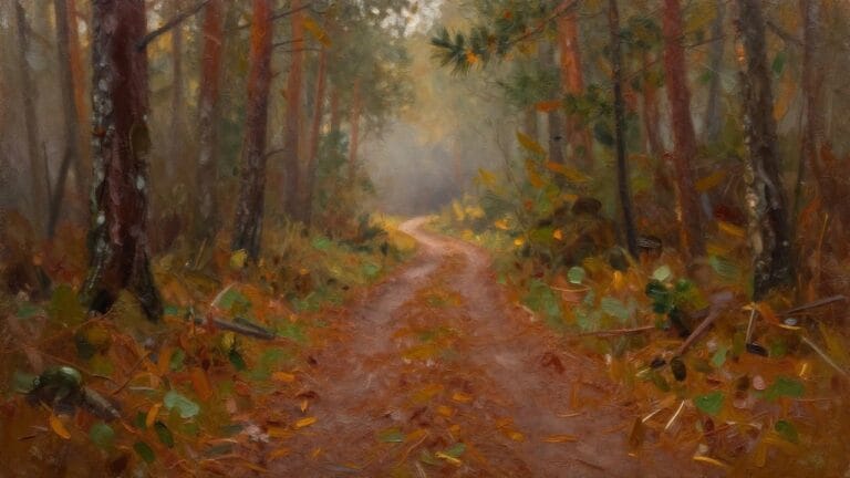21 Cozy Forest Oil Painting Ideas for a Peaceful Moody Aesthetic Oil painting of a curving dirt path through tall misty pine trees with autumn leaves and fog.