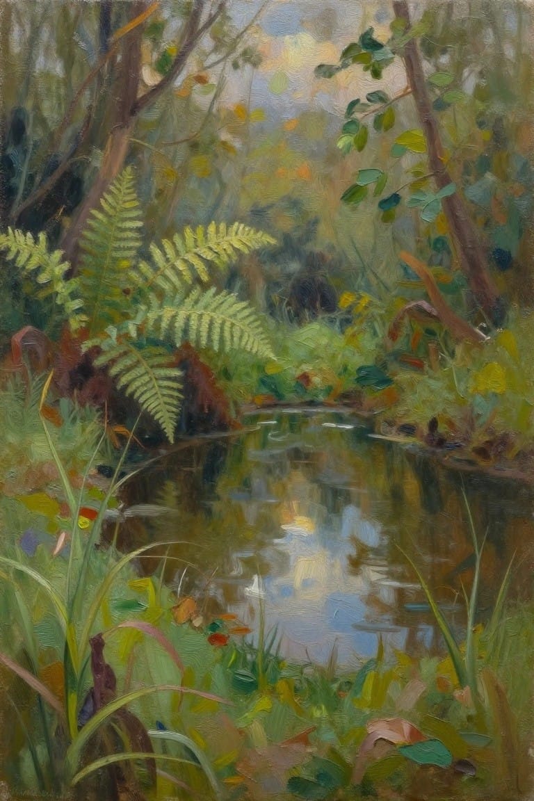 Oil painting of a small forest stream edged by green ferns and reeds, with tree reflections and dappled light in a wooded setting.