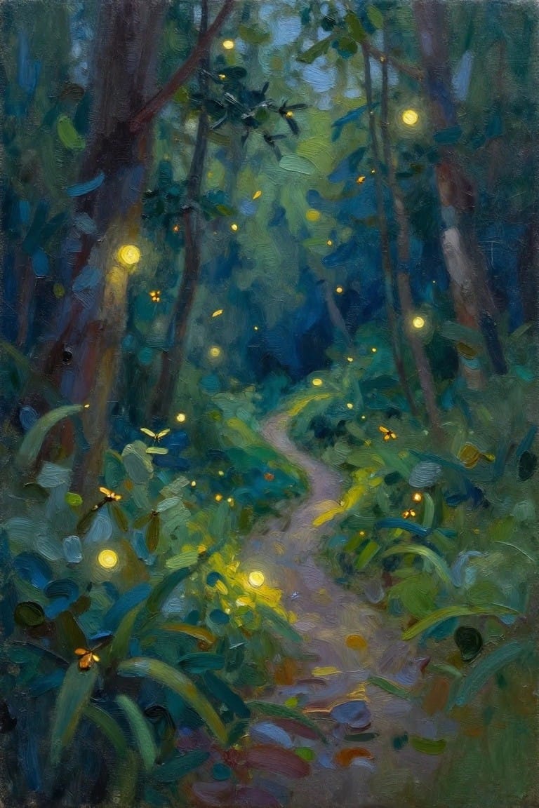 Oil painting of a winding dirt path through dense green forest at night, illuminated by numerous glowing fireflies and a visible moon.