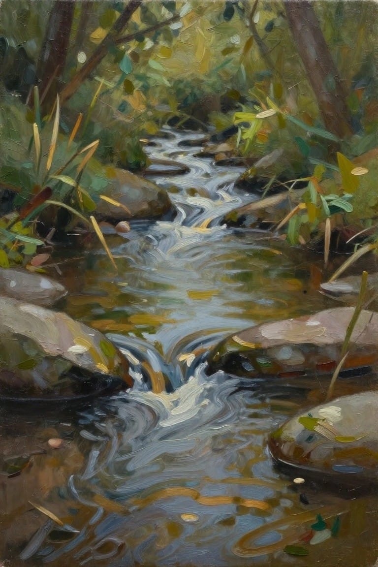 Oil painting of a small forest stream cascading over rocks amid green reeds and surrounding foliage.