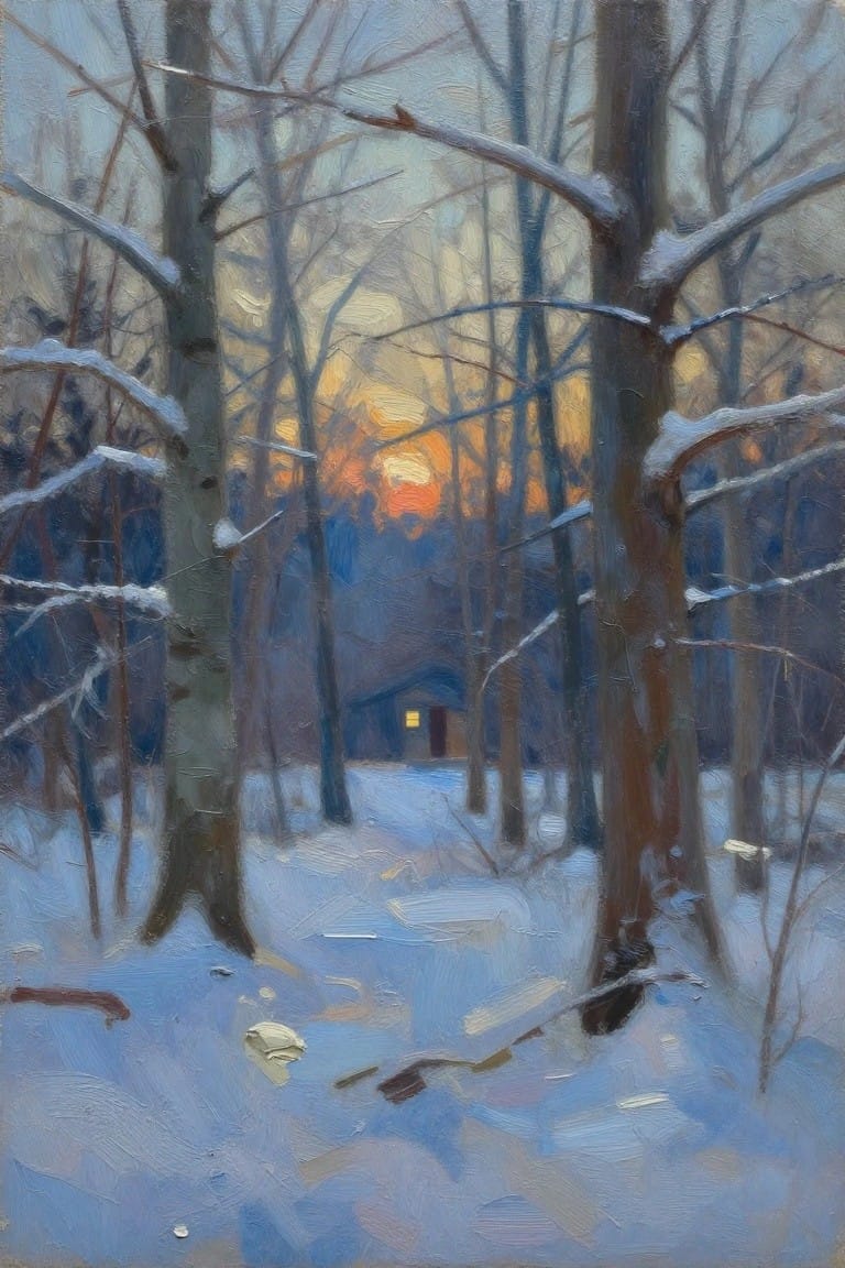 Oil painting of snow-covered birch trees in a forest with a path leading to a small cabin lit from within at sunset.