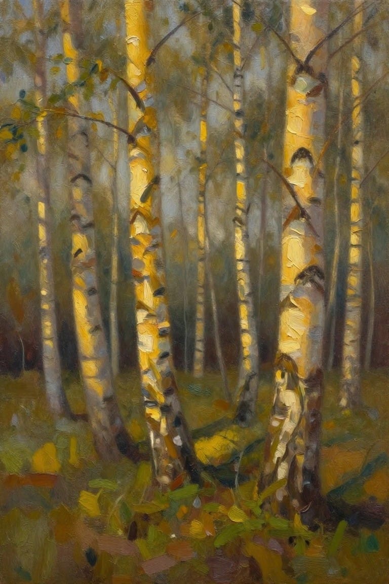 Oil painting of clustered birch trees with yellow-glowing trunks in a misty autumn forest.