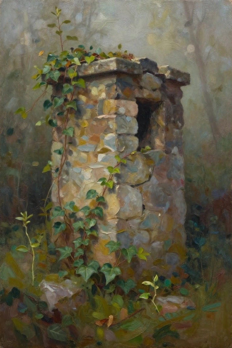 Oil painting of a vine-covered stone tower ruin in a foggy forest with blurred trees in the background.