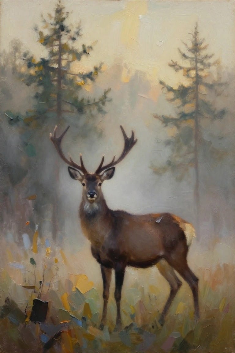 Oil painting of a red deer stag with large antlers standing in a misty forest clearing surrounded by pine trees and autumn grasses.
