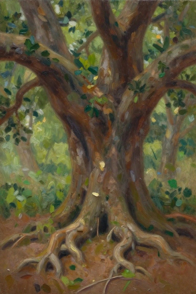 Oil painting of a large ancient tree with prominent buttress roots, textured trunk featuring a hollow, and lush green forest surroundings.