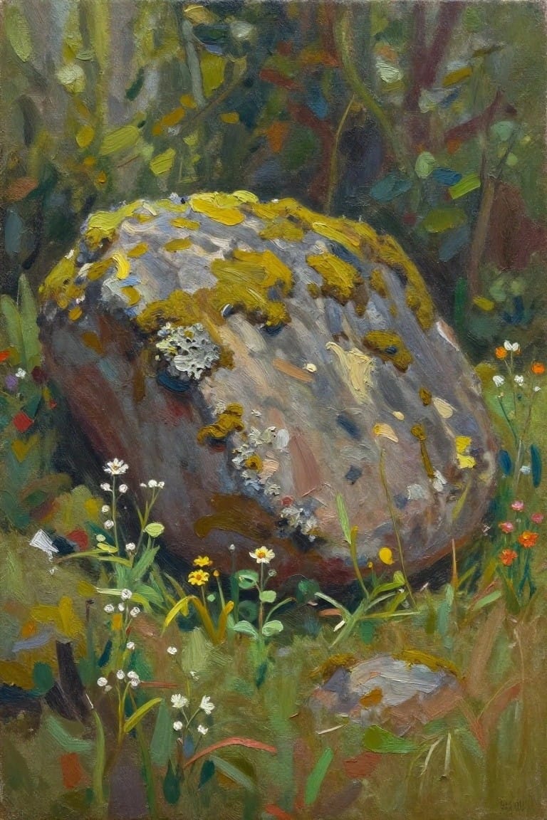 Oil painting of a large gray rock covered in green moss and lichens, surrounded by small white and yellow wildflowers, green grasses, and blurred forest trees in the background.