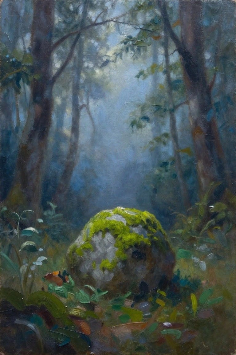 Oil painting depicting a moss-covered gray boulder surrounded by green foliage in a dimly lit forest with tall trees and misty background.