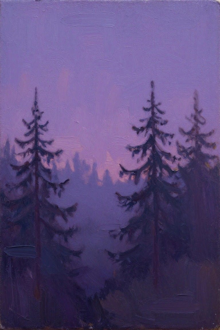 Oil painting of dark silhouetted pine trees against a blended purple twilight sky with misty distant forest.