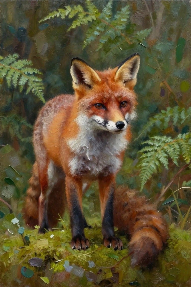 Oil painting of a detailed red fox standing in a lush green fern forest with mossy ground.