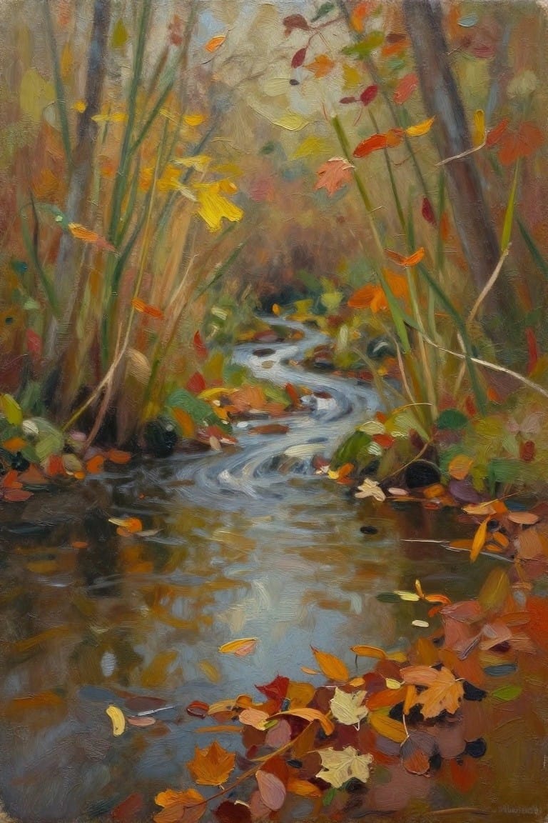Oil painting of a winding stream through autumn forest reeds with floating leaves and colorful foliage reflections.