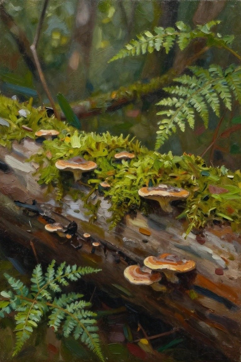 Oil painting of orange shelf mushrooms clustered on a moss-covered fallen log amid green ferns and forest shadows.