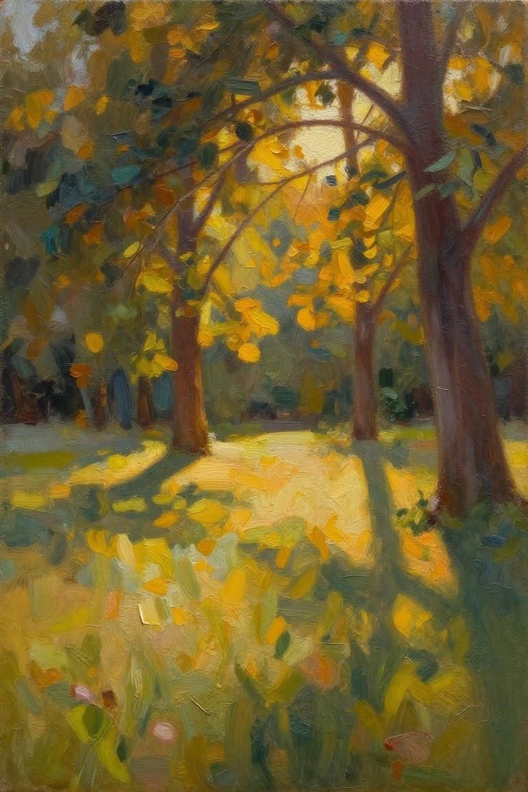 Oil painting of a grove of tall trees with yellow autumn leaves, sunlight filtering through branches onto shadowed grass.