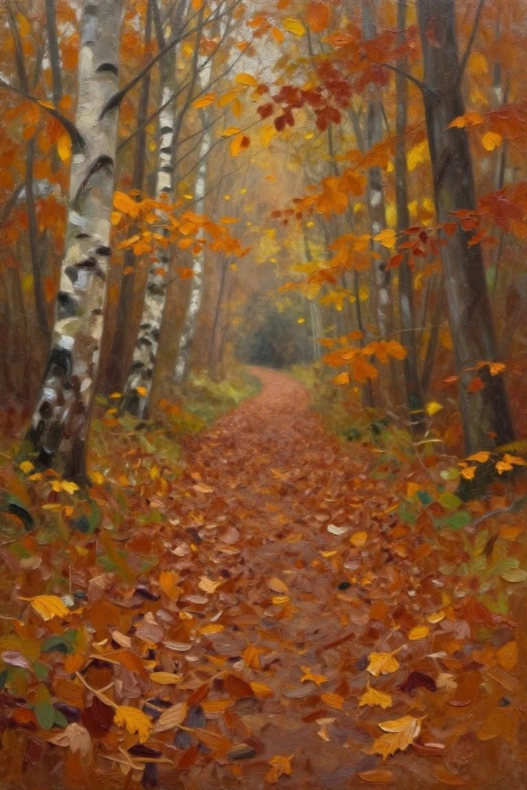 Oil painting of a leaf-covered path winding through an autumn forest with birch trees and orange foliage.