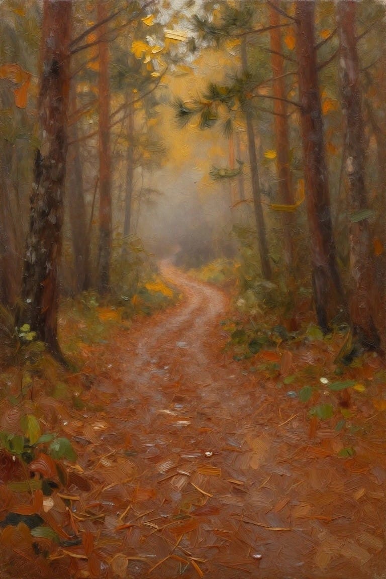 Oil painting of a curving dirt path through tall misty pine trees with autumn leaves and fog.