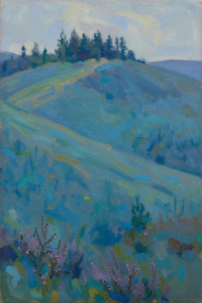 Oil painting of rolling blue hills with a winding yellowish path leading to dark pine trees on the hilltop, purple flower stalks in the foreground, and pale sky above.