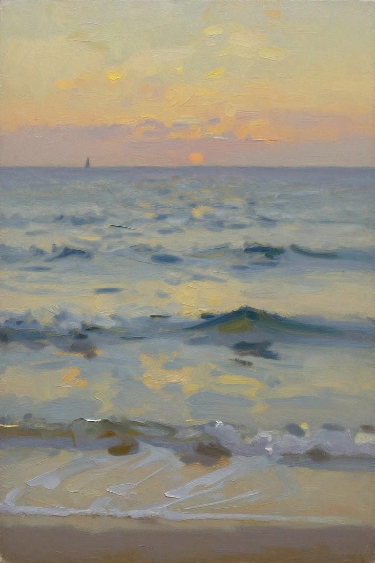 Oil painting of a beach with incoming waves, ocean horizon featuring a distant sailboat, and a colorful sunset sky.