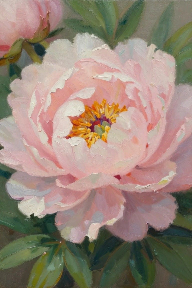 Oil painting of a close-up pink peony bloom with layered petals, yellow center, green leaves, and a bud on a neutral background.