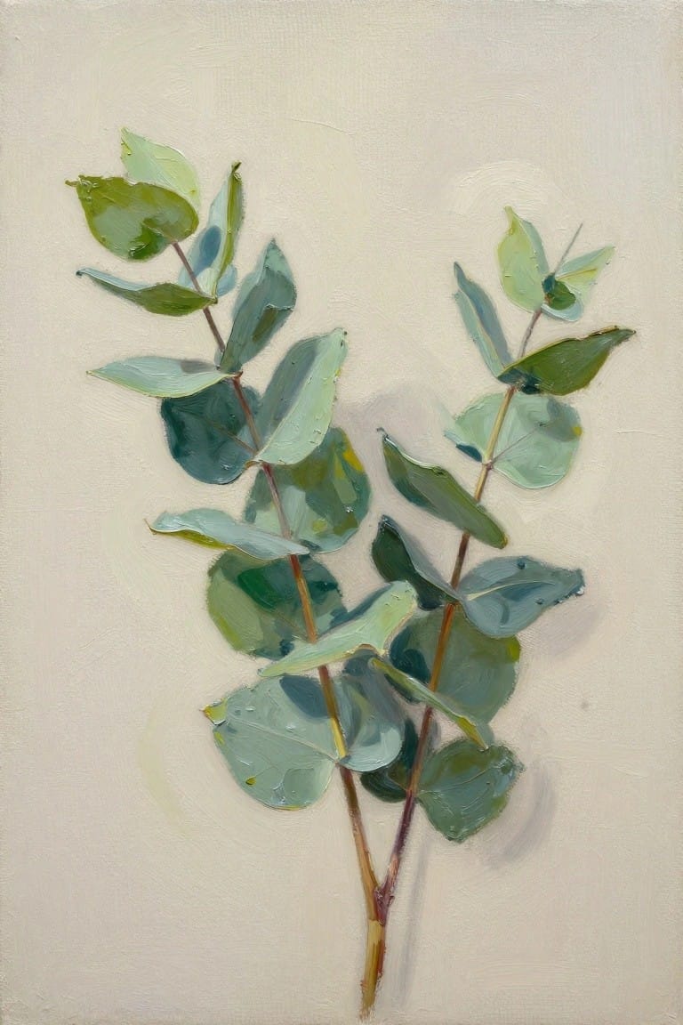 Oil painting of two eucalyptus branches with varied green leaves and stems on a light beige background.