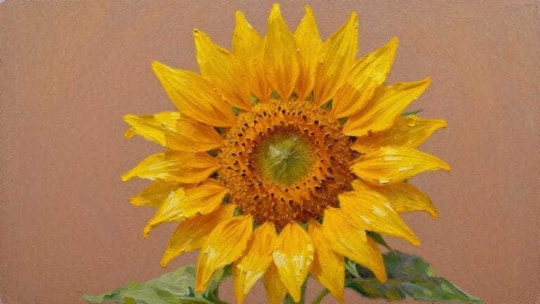 21 Easy Oil Painting Ideas for Beginners You’ll Actually Want To Try Oil painting of a close-up sunflower with textured yellow petals, brown center, green leaves, and terracotta background.