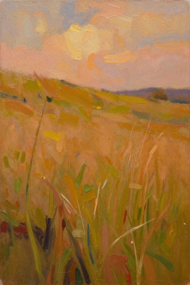 Oil painting of tall golden grasses in a foreground field under a blended pink, yellow, and blue sunset sky with distant hills.