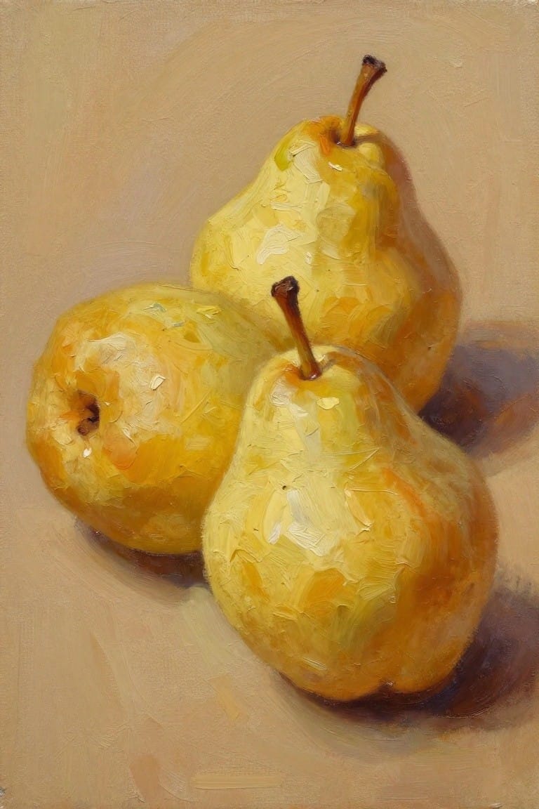 Oil painting of three golden pears with stems, arranged overlapping on a beige background.