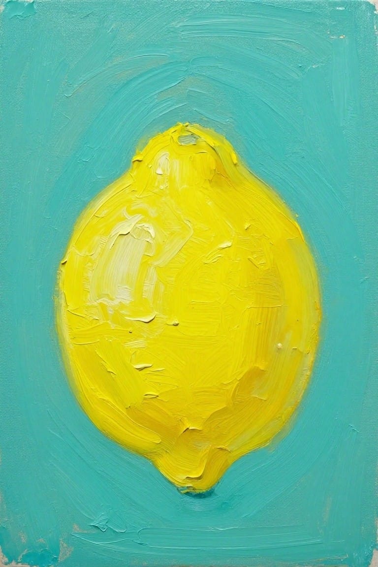 Oil painting of a textured yellow lemon centered on a teal background.