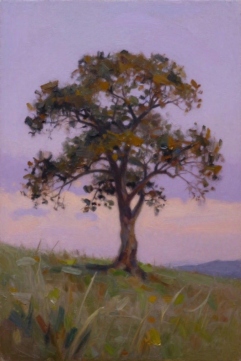 Oil painting of a single tree with mixed green and gold leaves on a grassy hill under a purple-pink twilight sky.