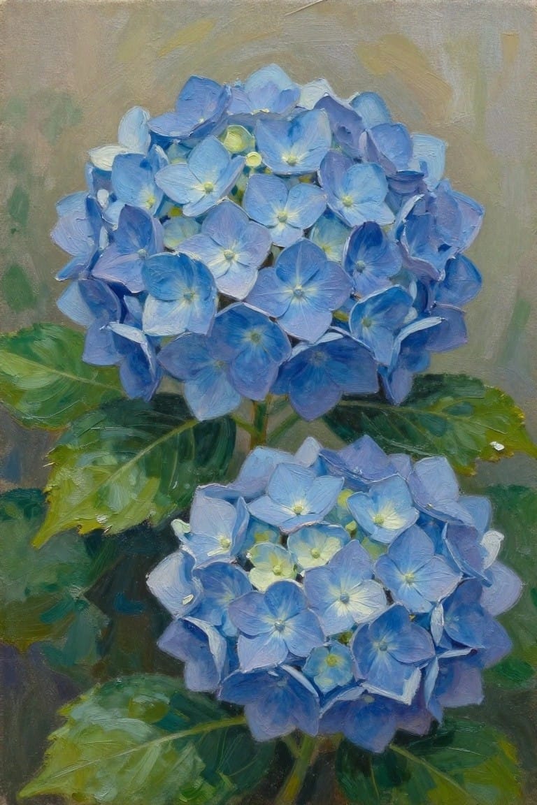 Oil painting of two clusters of blue hydrangea flowers with green leaves against a neutral background.