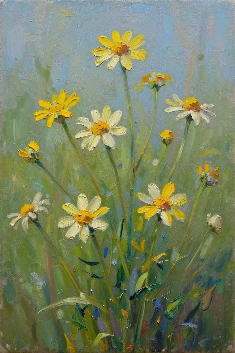 Oil painting of white and yellow daisies on green stems amid grass against a blue sky.