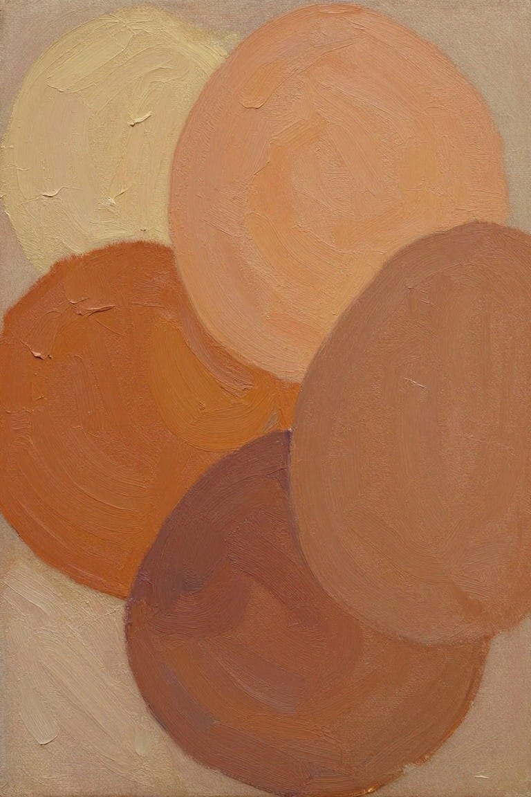 Abstract oil painting with overlapping circles in shades of beige, peach, orange, and brown on a light cream background.