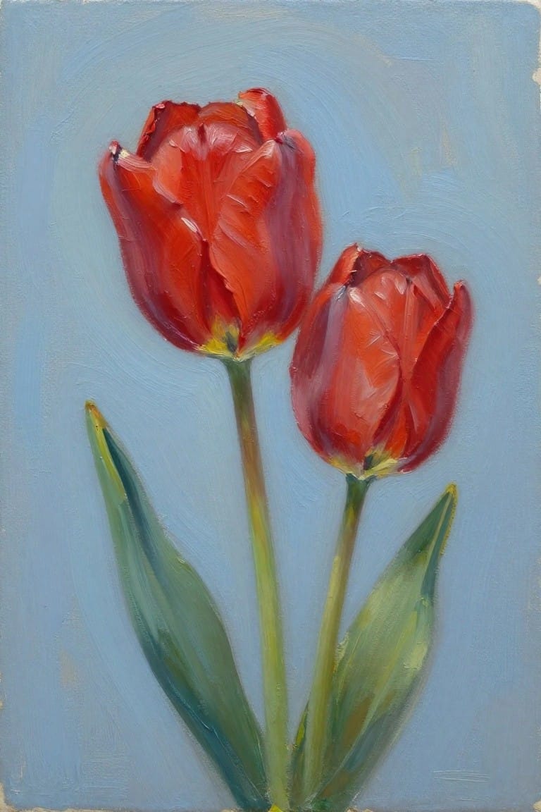 Oil painting of two red tulips with green leaves against a light blue background.