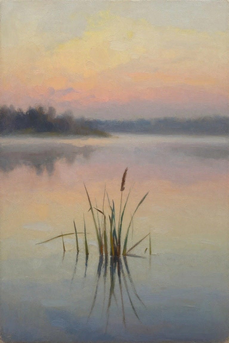 Oil painting of green reeds with brown seed heads in shallow misty water, perfectly reflected below, on a calm lake under a pink-to-blue twilight sky with distant dark trees.