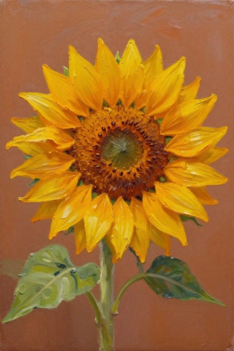 Oil painting of a close-up sunflower with textured yellow petals, brown center, green leaves, and terracotta background.