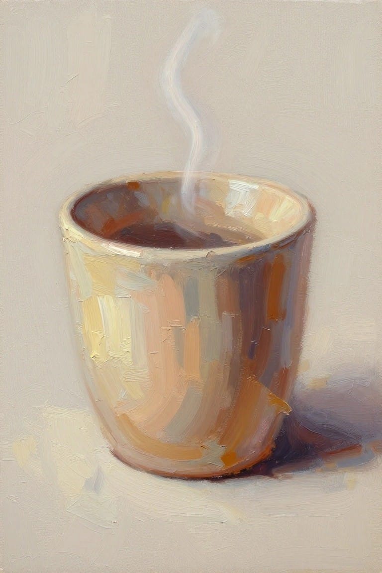 Oil painting of a textured beige ceramic mug filled with dark steaming liquid on a neutral background.